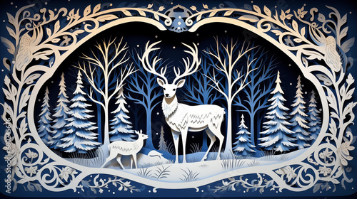Cut paper scene of deer in the winter snow holiday card christmas diorama 