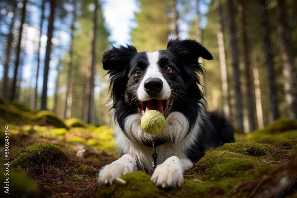 Medium shot portrait photography of a smiling border collie having a toy in its mouth against a forest background. With generative AI technology