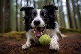 Medium shot portrait photography of a smiling border collie having a toy in its mouth against a forest background. With generative AI technology