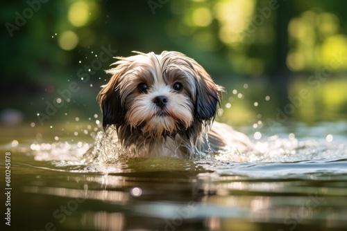 Close-up portrait photography of a cute shih tzu swimming against a forest background. With generative AI technology