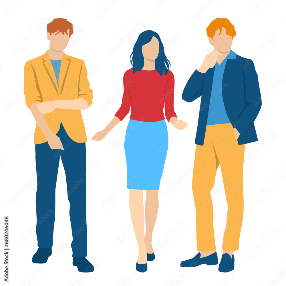  Set of young two men and woman , different colors, cartoon character, group of silhouettes of standing business people, students, design concept of flat icon, isolated on white background