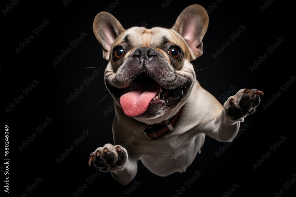 Headshot portrait photography of a funny french bulldog catching a ball in mid-air against a minimalist or empty room background. With generative AI technology