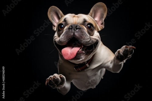 Headshot portrait photography of a funny french bulldog catching a ball in mid-air against a minimalist or empty room background. With generative AI technology © Markus Schröder