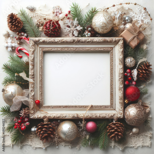 A frame with christmas decorations on a white background. ai generative