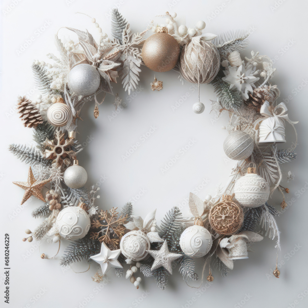 A white background with a white frame with christmas decorations. ai generative A white background with a white frame with christmas decorations. ai generative