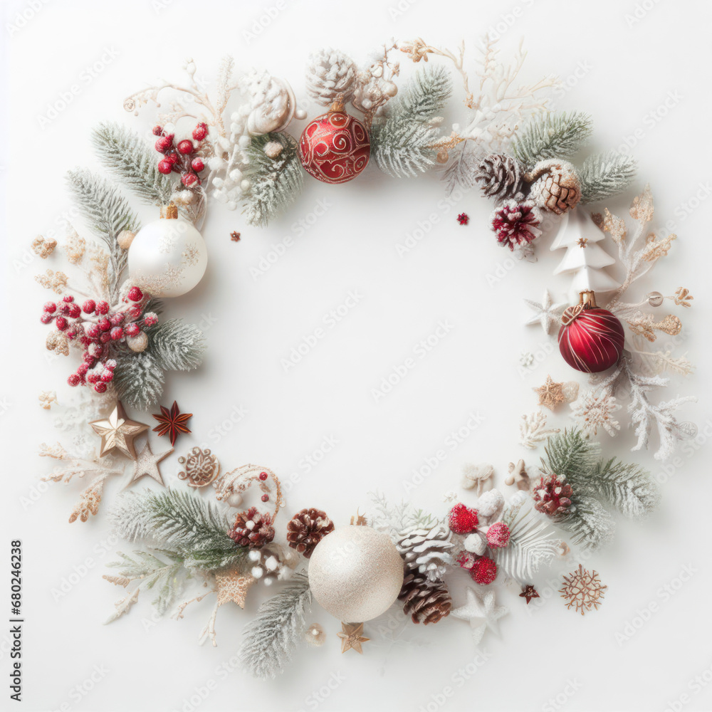 A white background with a white frame with christmas decorations. ai generative A white background with a white frame with christmas decorations. ai generative