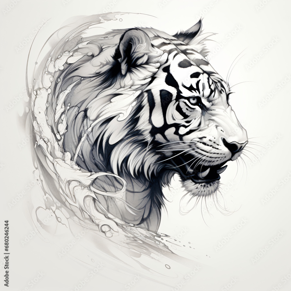 A black and white drawing of a tiger on a white background A black and white drawing of a tiger on a white background