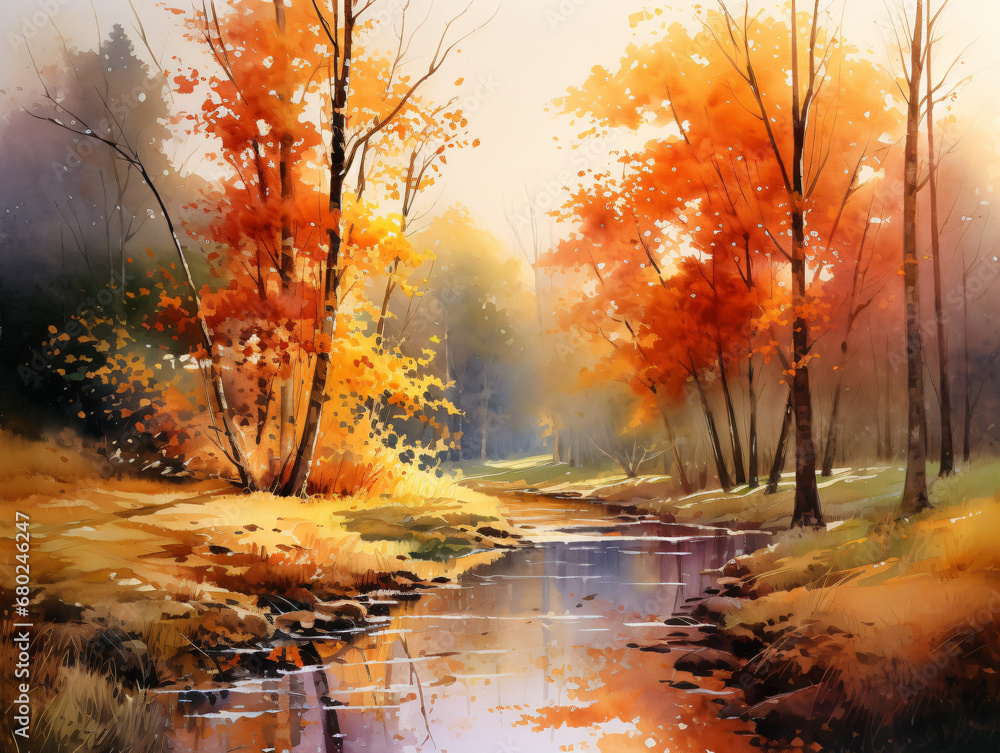 A painting of a stream running through a forest in autumn