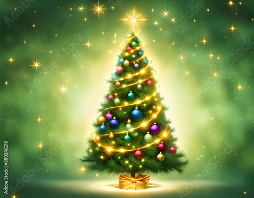 Beautiful creative view of decorative Christmas tree with colorful luminous bulbs on green background