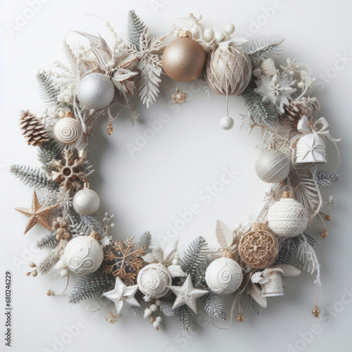 A white background with a white frame with christmas decorations. ai generative