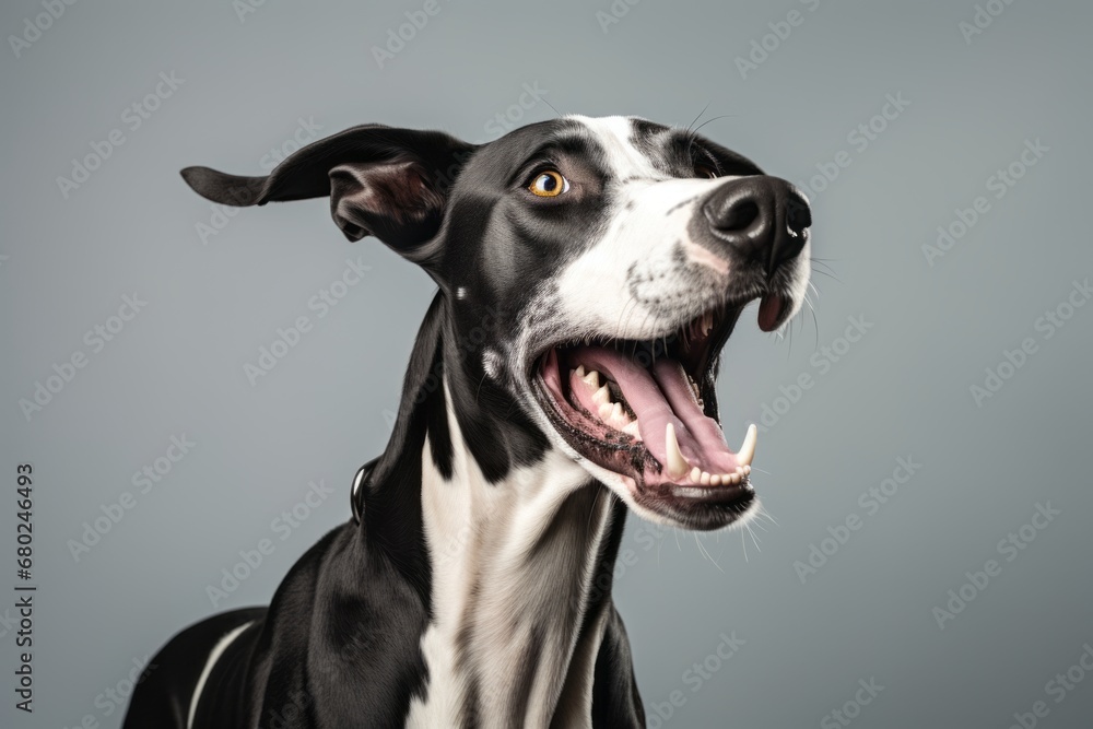 Conceptual portrait photography of a smiling great dane yawning against a minimalist or empty room background. With generative AI technology Conceptual portrait photography of a smiling great dane yawning against a minimalist or empty room background. With generative AI technology