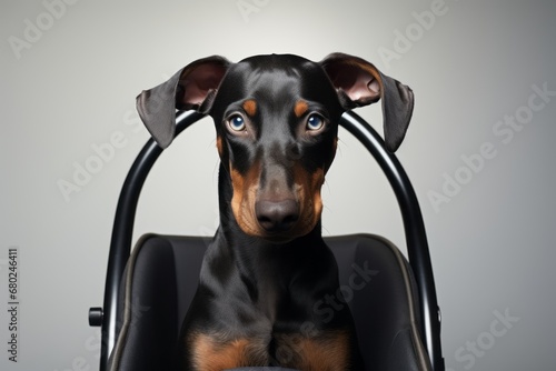 Headshot portrait photography of a curious doberman pinscher riding in a baby stroller against a minimalist or empty room background. With generative AI technology