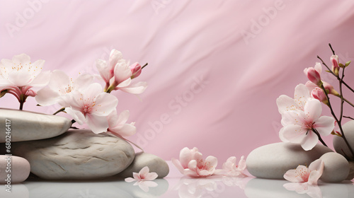 A pink background product template with white flowers and rocks