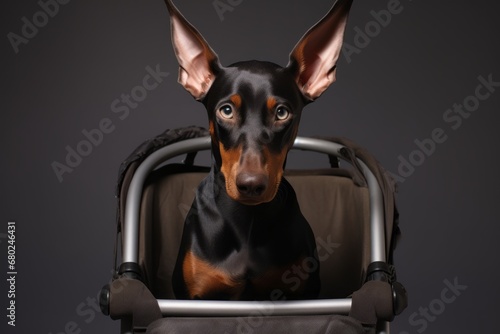 Headshot portrait photography of a curious doberman pinscher riding in a baby stroller against a minimalist or empty room background. With generative AI technology