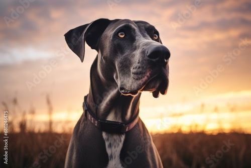 Close-up portrait photography of a funny great dane watching a sunset with the owner against a minimalist or empty room background. With generative AI technology