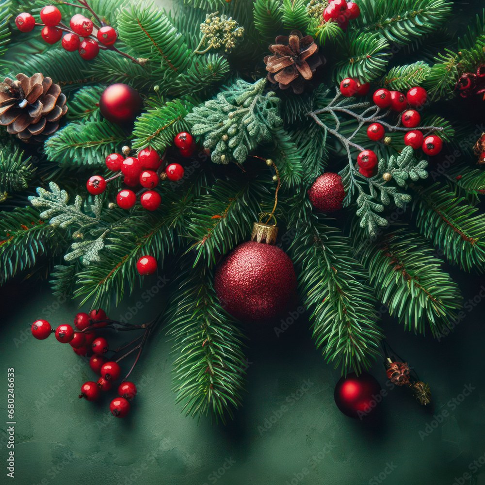 Christmas decoration with fir branches red berries on Green christmas background. ai generative Christmas decoration with fir branches red berries on Green christmas background. ai generative