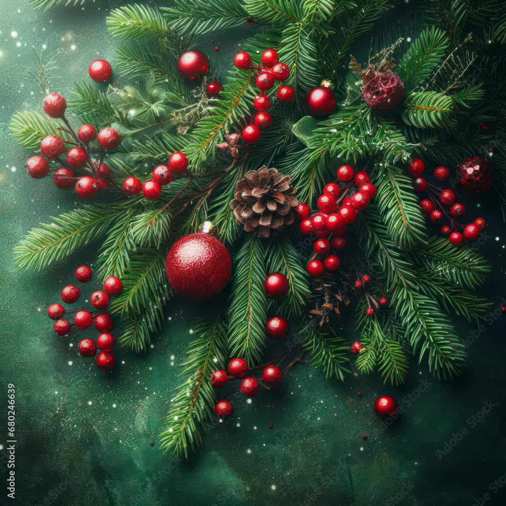 Christmas decoration with fir branches red berries on Green christmas background. ai generative