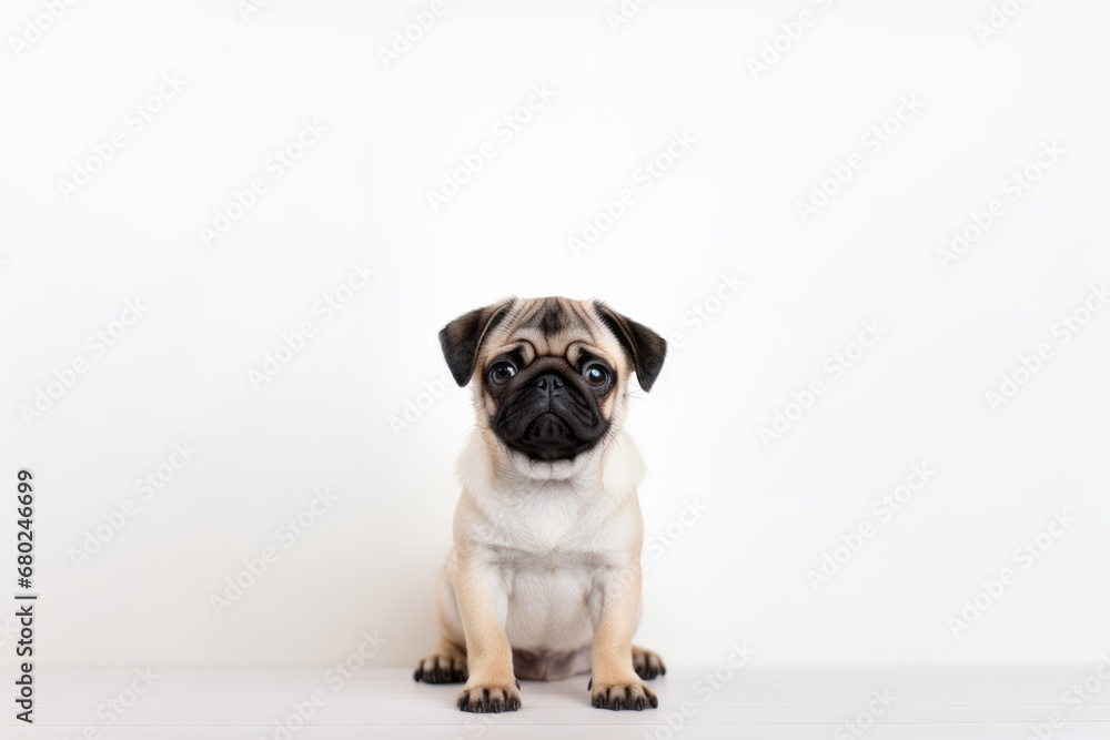 Medium shot portrait photography of a cute pug sitting against a minimalist or empty room background. With generative AI technology