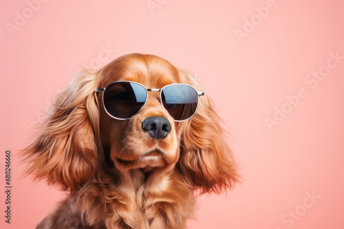 Environmental portrait photography of a cute cocker spaniel wearing a trendy sunglasses against a minimalist or empty room background. With generative AI technology © Markus Schröder