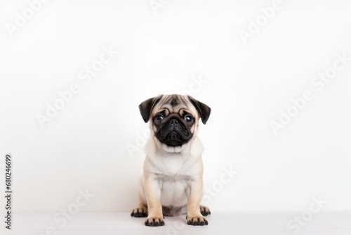 Medium shot portrait photography of a cute pug sitting against a minimalist or empty room background. With generative AI technology © Markus Schröder