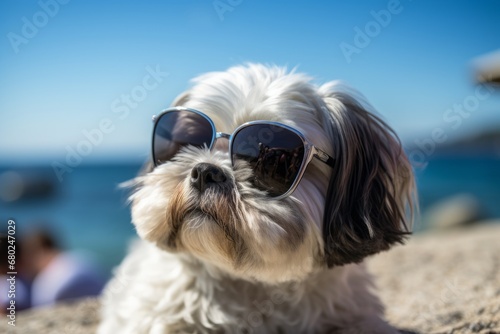 Medium shot portrait photography of a curious shih tzu wearing a trendy sunglasses against a beach background. With generative AI technology photo