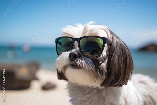 Medium shot portrait photography of a curious shih tzu wearing a trendy sunglasses against a beach background. With generative AI technology