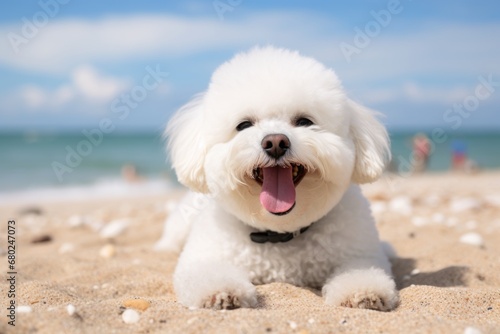 Lifestyle portrait photography of a happy bichon frise lying down against a beach background. With generative AI technology © Markus Schröder