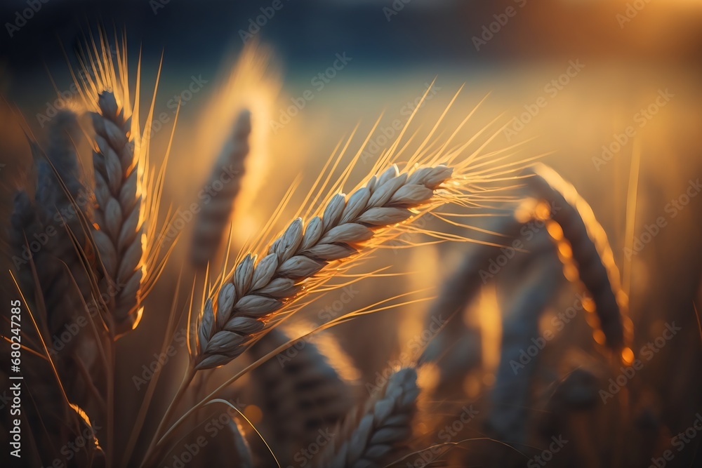 Wheat field. Ears of golden wheat close up. Beautiful Nature Sunset Landscape. Generative AI. Wheat field. Ears of golden wheat close up. Beautiful Nature Sunset Landscape. Generative AI.