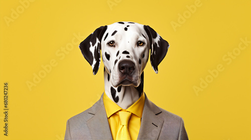 A dalmatian dog wearing a suit and tie on a yellow background