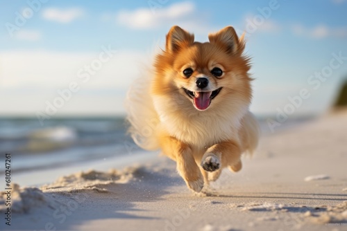 Close-up portrait photography of a curious pomeranian running on the beach against a beach background. With generative AI technology