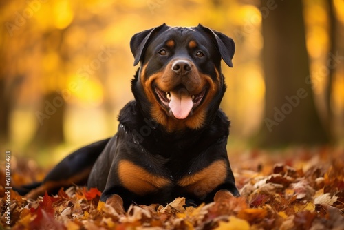 Full-length portrait photography of a smiling rottweiler having a butterfly on its nose against an autumn foliage background. With generative AI technology