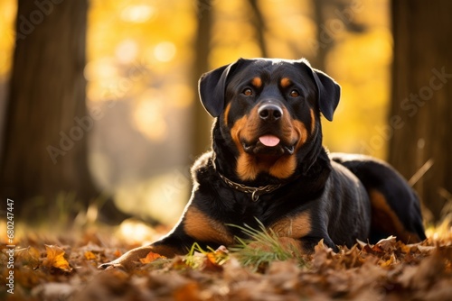 Full-length portrait photography of a smiling rottweiler having a butterfly on its nose against an autumn foliage background. With generative AI technology