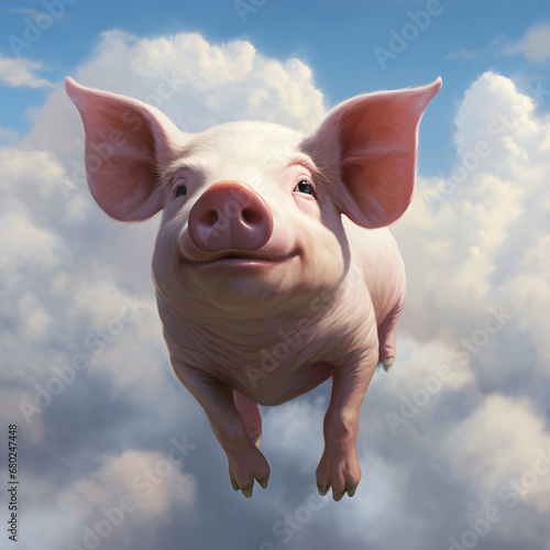A pig flying through the air on a cloudy day