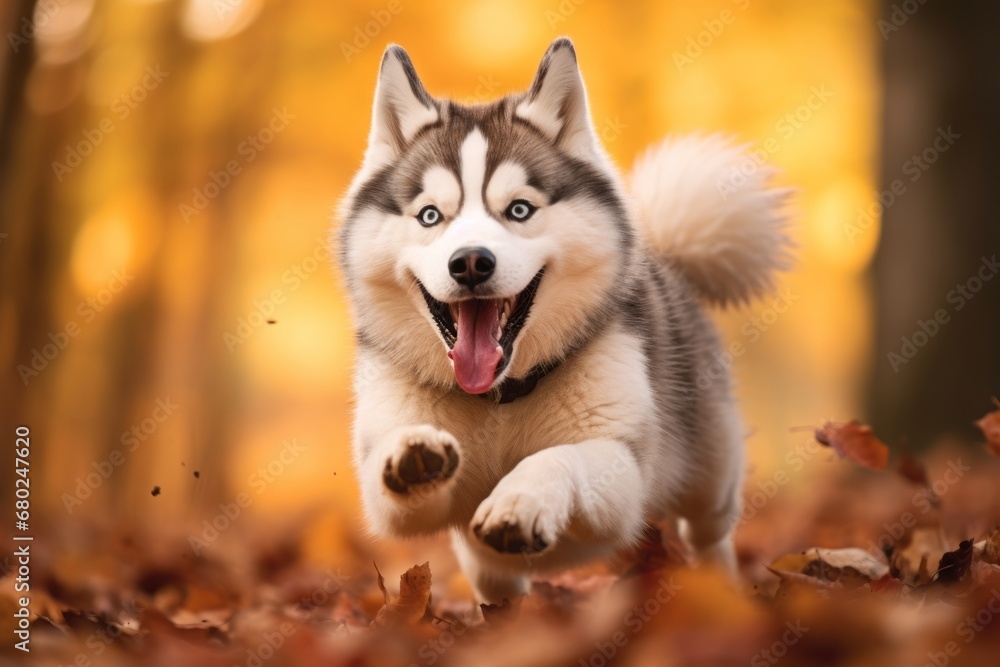 funny siberian husky running isolated on an autumn foliage background funny siberian husky running isolated on an autumn foliage background