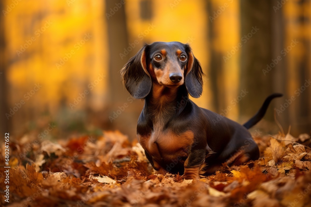 curious dachshund sitting over an autumn foliage background