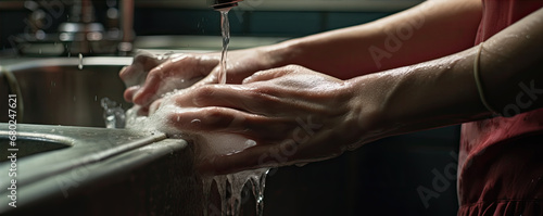 Housewife washes hands or dishes detail. Cleaning Hands. hygiene concept. photo