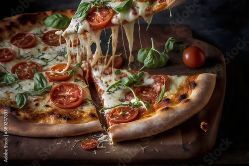 Pizza with mozzarella cheese, tomatoes and basil on wooden board. Generative AI.