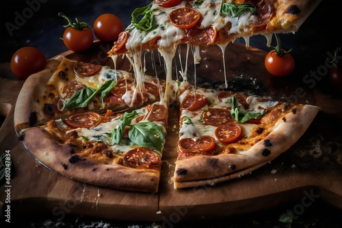 Pizza with mozzarella cheese, tomatoes and basil on a dark background. Generative AI.