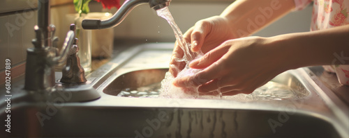 Housewife washes hands or dishes detail. Cleaning Hands. hygiene concept. photo
