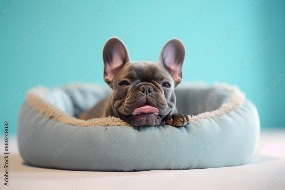 Εκτύπωση καμβά happy french bulldog sleeping in a dog bed over a pastel or soft colors backgrou