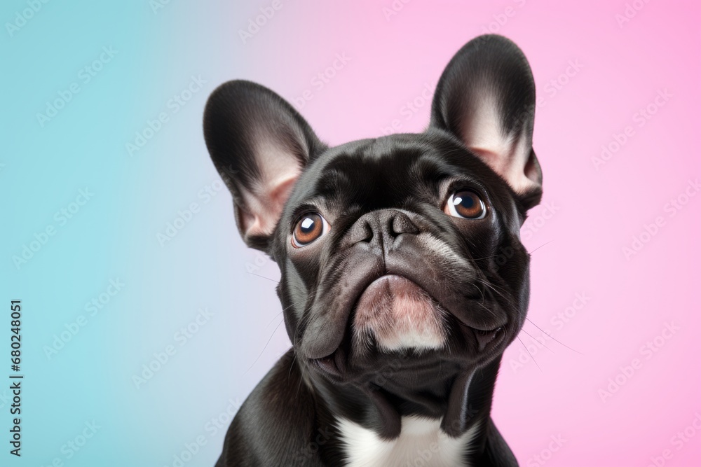funny french bulldog scratching nose over a pastel or soft colors background