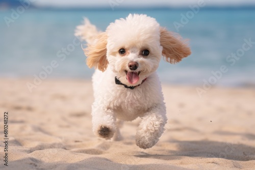 cute poodle running on the beach isolated in a pastel or soft colors background