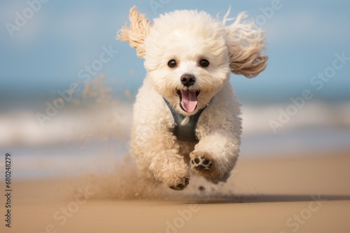 cute poodle running on the beach on a pastel or soft colors background © Markus Schröder