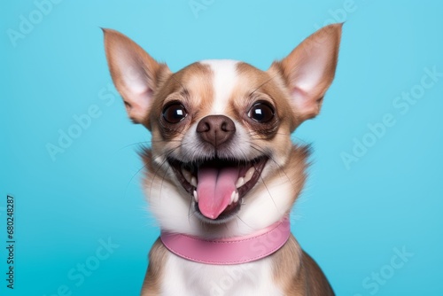 smiling chihuahua holding a bone in its mouth in a pastel or soft colors background