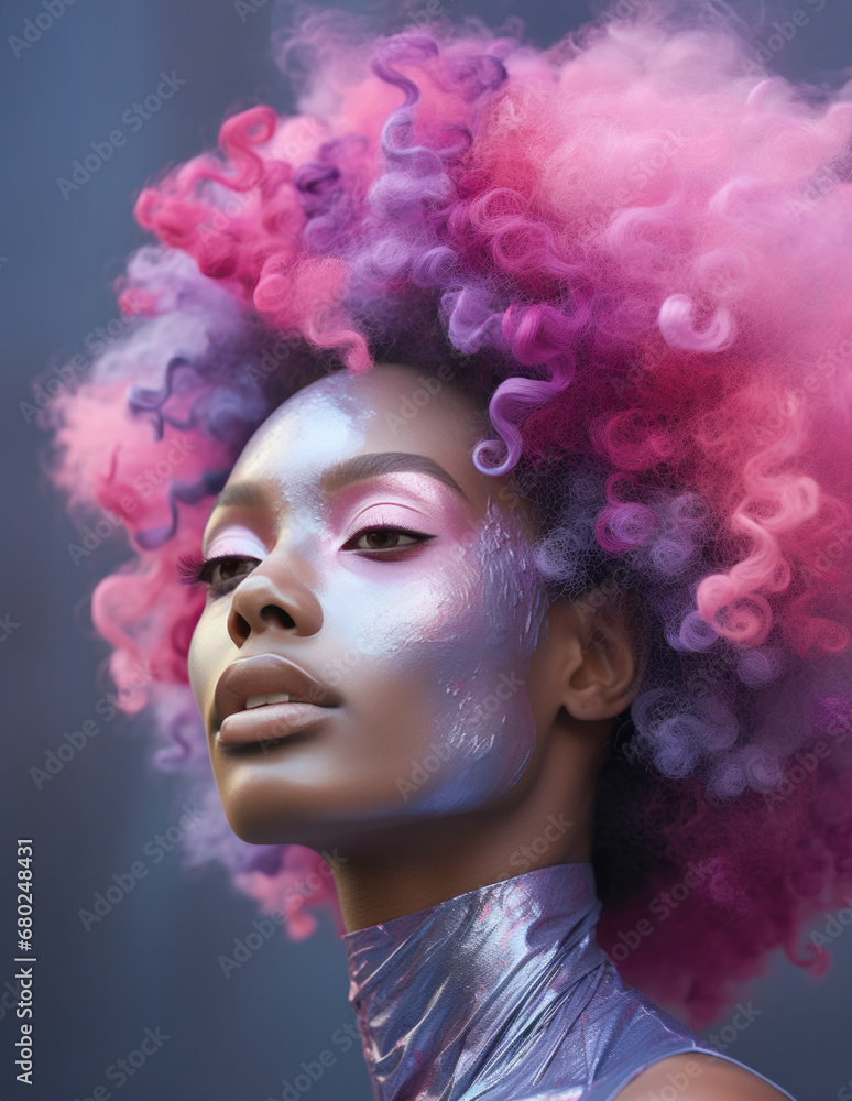 A Portrait of a Young Woman with Pastel Pink and Purple Afro Hairstyle and Soft Lavender Makeup