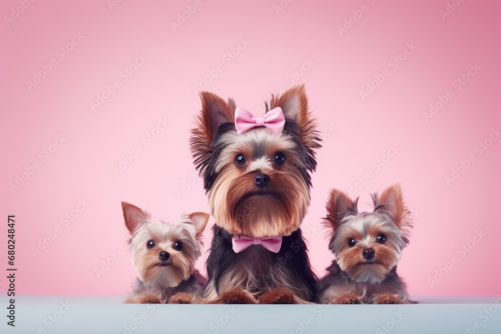 cute yorkshire terrier posing with a family isolated in a pastel or soft colors background