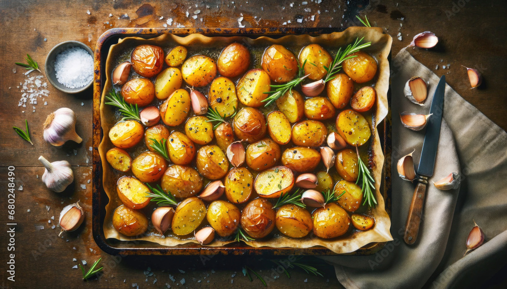 Roasted potatoes arranged on a baking tray