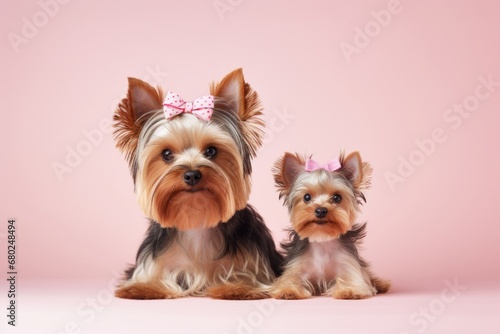 cute yorkshire terrier posing with a family on a pastel or soft colors background photo