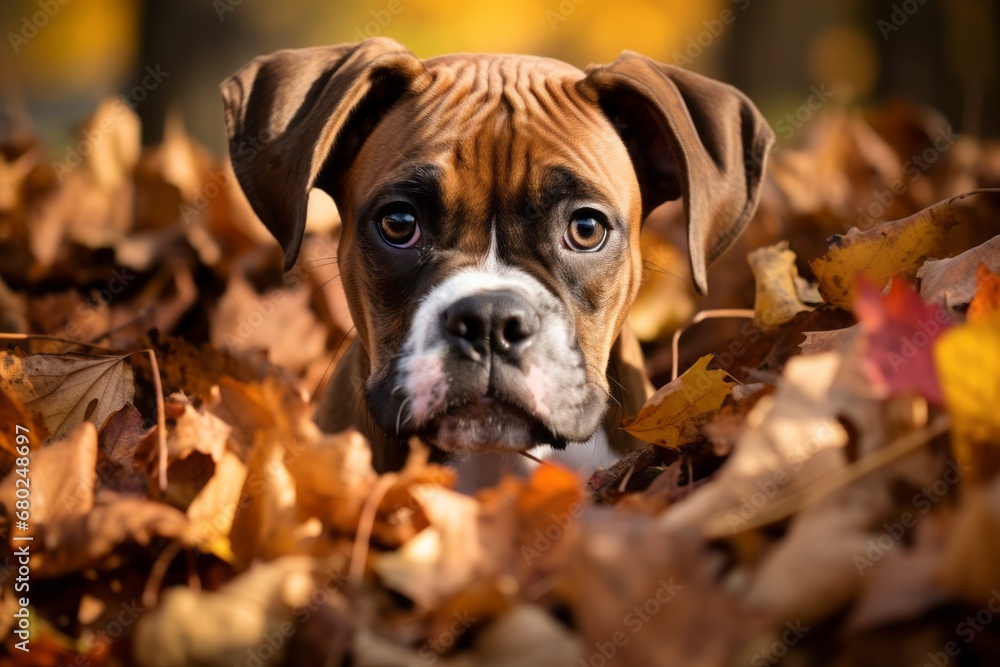 curious boxer dog playing in a pile of leaves in a pastel or soft colors background