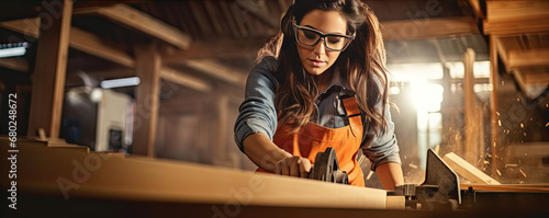 Woman carpenter using electric tool for cutting wood. woman work with construction tools. photo